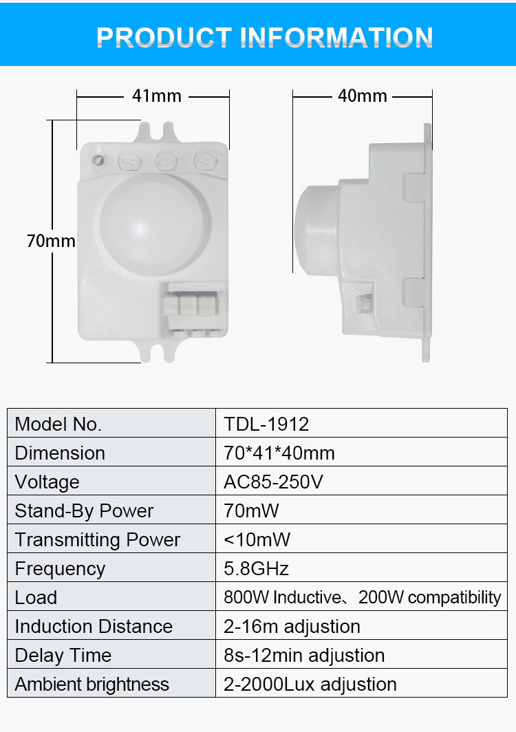 Tuodi TDL-1912Microwave sensor switch Motion sensor switch Intelligent control lamps Global power supply 95V-275VAC